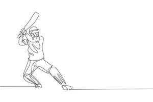 un dibujo de línea continua de un joven jugador de cricket parado listo para recibir la pelota de la ilustración vectorial del lanzador. concepto de deporte competitivo. diseño de dibujo de una sola línea para póster publicitario vector