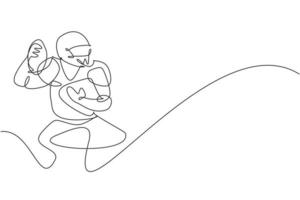 One continuous line drawing of young attractive american football player ready to pass the ball for competition poster. Sport teamwork concept. Dynamic single line draw design vector illustration