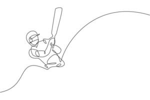 One continuous line drawing of young happy man cricket player focus to train cricket bat swing vector illustration. Competitive sport concept. Dynamic single line draw design for advertisement poster