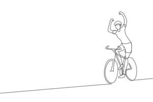 Single continuous line drawing of young agile man cyclist raise his hands while reach finish line. Sport lifestyle concept. One line draw design vector illustration for cycling race promotion media