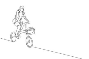 One continuous line drawing of young professional manager woman cycling ride folded bicycle to her office. Healthy working urban lifestyle concept. Dynamic single line draw design vector illustration