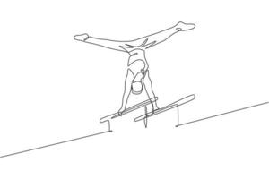 un dibujo de una sola línea de un joven y apuesto gimnasta ejerciendo barras paralelas ilustración gráfica vectorial. estilo de vida saludable y concepto de deporte atlético. diseño moderno de dibujo de línea continua vector