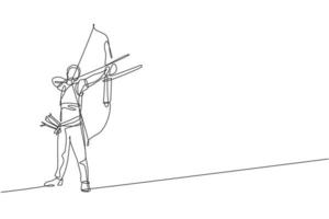 Single continuous line drawing of young professional archer man focus aiming archery target. Archery sport exercise with the bow concept. Trendy one line draw design vector graphic illustration