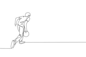 One continuous line drawing of young happy bowling player man throw ball into lane to hit the pin. Healthy sport and lifestyle activity concept. Dynamic single line draw design vector illustration