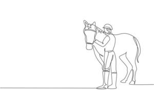 One continuous line drawing of young horse rider man rubbing and stroking horsehair. Equine pet care. Equestrian sport competition concept. Dynamic single line draw design vector graphic illustration