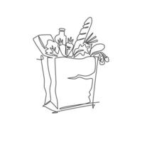 One continuous line drawing of fresh delicious vegetables, milk, baguette, and bread inside paper grocery bag. Staple food concept. Modern single line draw design vector graphic illustration