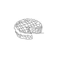 One continuous line drawing of fresh delicious American apple pie for pastry shop logo emblem. Traditional cake for celebration template concept. Modern single line draw design vector illustration
