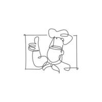 Single continuous line drawing of stylized chef man character mascot with thumbs up finger gesture logo label. Emblem restaurant concept. Modern one line draw design vector illustration for kitchen