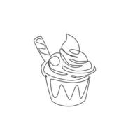 One continuous line drawing of fresh delicious sundae ice cream cup with wafer stick logo emblem. Snack food cafe shop logotype template concept. Modern single line draw design vector illustration