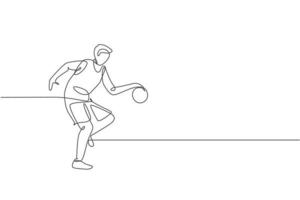 One single line drawing of young energetic basketball player train at court graphic vector illustration. Sports competition concept. Modern continuous line draw design for basketball tournament poster