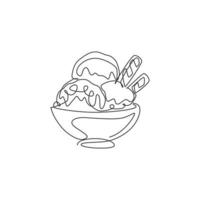 One single line drawing of fresh delicious ice cream cup with wafer stick and wafer roll vector illustration. Dessert menu restaurant concept. Modern continuous line draw design street food logotype