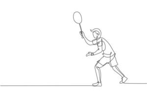 Single continuous line drawing of young agile badminton player wait for opponent serve. Competitive sport concept. Trendy one line draw design vector illustration for badminton tournament publication