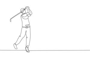 un dibujo de una sola línea de un joven jugador de golf deportivo golpeó la pelota usando la ilustración del vector gráfico del club de golf. concepto de deporte saludable. diseño moderno de dibujo de línea continua para póster de torneo de golf