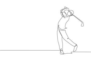 One single line drawing of young sporty golf player hit the ball using golf club graphic vector illustration. Healthy sport concept. Modern continuous line draw design for golf tournament poster