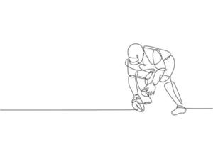 One continuous line drawing of sporty american football player stance to pass the ball to his team for competition poster. Sport teamwork concept. Dynamic single line draw design vector illustration