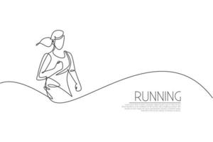 One continuous line drawing of young woman athlete runner run relax. Individual sport, competitive concept. Dynamic single line draw design graphic vector illustration for running competition poster