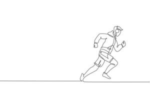 One single line drawing of young energetic man runner run relax while listening music vector illustration. Health sport training concept. Modern continuous line draw design for running campaign banner