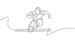 One continuous line drawing of young sporty man runner jumping obstacle while run. Health activity sport concept. Dynamic single line draw design vector illustration for running event promotion poster