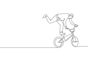 One single line drawing of young bmx bicycle rider performing freestyle trick on street vector illustration. Extreme sport concept. Modern continuous line draw design for freestyle competition banner