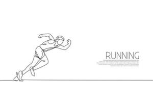 One continuous line drawing of young sporty man runner focus to run fast at track. Health activity sport concept. Dynamic single line draw design vector illustration for running event promotion poster