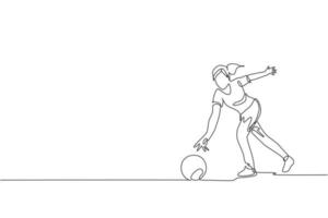 Single continuous line drawing young happy bowling player woman throw bowling ball to hit the pins. Doing sport hobby at leisure time concept. Trendy one line draw design graphic vector illustration