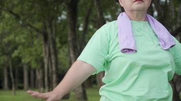 Asian active old woman doing arms shoulder rotation to warm up before exercise at the outdoor park, morning exercise routine, self-care motivation after retirement life, with trees on background