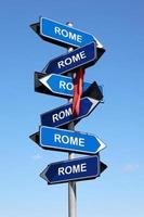 Street sign with Rome city name on blue sky background. All roads lead to Rome quote photo