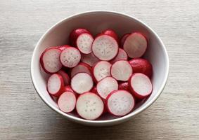 Red Radish slices in a bowl isolated on wooden background photo