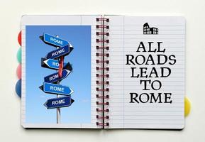 All roads lead to Rome quote. Street sign with Rome city name inside a notebook. photo