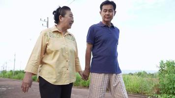 Asian senior couple take a walk and holding hands with relaxing vibe around the neighborhood, active lifestyle family get together, relationship goal, after marriage life, love care for each other video