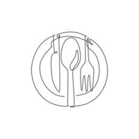 One single line drawing of plate knife, fork and knife for restaurant logo vector illustration graphic. Luxury cafe badge concept. Modern continuous line draw design food store art logotype