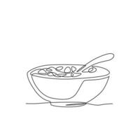 Single continuous line drawing of stylized bowl of cereal breakfast with fresh milk. Healthy whole wheat food concept. Modern one line draw design natural food vector illustration graphic