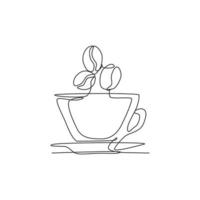 One single line drawing of fresh aromatic black coffee with beans logo vector illustration. Coffee shop menu and restaurant badge concept. Modern continuous line draw design street drink logotype