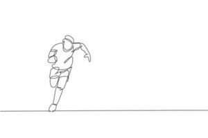 un dibujo de línea continua de un joven jugador de rugby que corre y sostiene la pelota. concepto de deporte agresivo competitivo. ilustración de vector de diseño de dibujo de línea única dinámica para medios de promoción de torneos