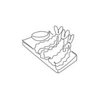 Single continuous line drawing of stylized crunchy Japan tempura logo label. Emblem seafood restaurant concept. Modern one line draw design vector illustration for cafe, shop or food delivery service