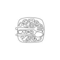 One continuous line drawing of fresh delicious salad restaurant logo emblem, from top view. Healthy organic food cafe shop logotype template concept. Modern single line draw design vector illustration