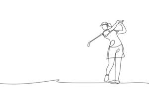 un dibujo de línea continua del joven jugador de golf swing club de golf y golpeó la pelota. concepto de deporte de ocio. Ilustración gráfica de vector de diseño de dibujo de línea única dinámica para medios de promoción de torneos