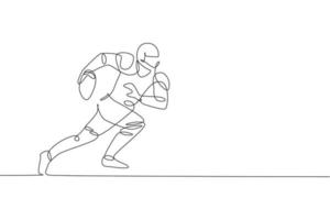 One continuous line drawing sporty american football player running fast to reach goal line for competition poster. Sport teamwork concept. Dynamic single line draw design vector graphic illustration