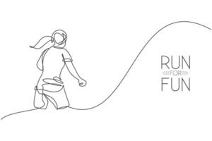 Single continuous line drawing young agile woman runner hobby to run relax, rear view . Healthy sport action concept. Trendy one line draw graphic design vector illustration for running race promotion