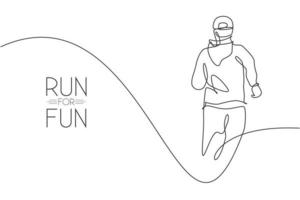 Single continuous line drawing of young agile man runner relax wearing hoodie, from rear view. Healthy sport action concept. Trendy one line draw design vector illustration for running race promotion