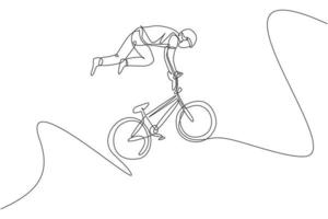 One continuous line drawing of young BMX bicycle rider does flying on the air trick at skatepark. Extreme sport concept vector illustration. Dynamic single line draw design for event promotion poster