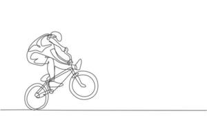 One single line drawing of young bmx bicycle rider performing freestyle trick on street vector illustration. Extreme sport concept. Modern continuous line draw design for freestyle competition banner