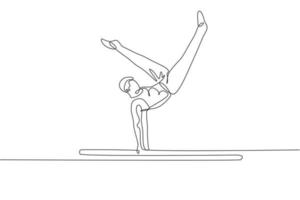 un dibujo de línea continua de un joven ejerciendo barras paralelas gimnásticas. atleta gimnasta en leotardo. deporte saludable y concepto activo. Ilustración de vector gráfico de diseño de dibujo de línea única dinámica