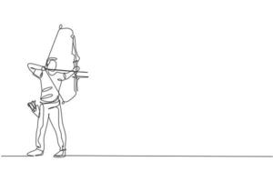 One single line drawing of young archer man focus exercising archery to hit the target graphic vector illustration. Healthy refresh shooting with bow sport concept. Modern continuous line draw design