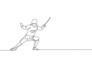 One continuous line drawing of young man fencing athlete practice fighting on professional sport arena. Fencing costume and holding sword concept. Dynamic single line draw design vector illustration