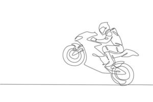 un dibujo de una sola línea de un joven motociclista saltando su motocicleta para celebrar la ilustración vectorial ganadora. concepto de carreras de superbikes. diseño de dibujo de línea continua moderno para banner de evento de corredor de motor vector