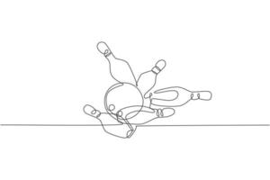 One single line drawing of bowling ball hit bowling pins to falling apart at alley lane graphic vector illustration. Leisure activity and game sport concept. Modern continuous line draw design