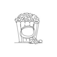 One continuous line drawing fresh delicious sweet pop corn on stripped paper box and scattered on table. Snack for watching movies concept. Modern single line draw design vector graphic illustration