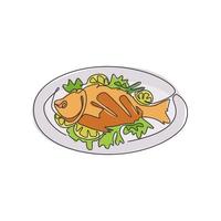 una línea continua dibujando pescado de mar fresco y delicioso al horno en el emblema del logotipo del restaurante del plato. concepto de plantilla de logotipo de cafetería de menú de mariscos. ilustración gráfica de vector de diseño de dibujo de una sola línea moderna
