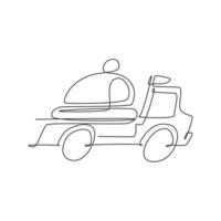 One continuous line drawing truck box car carrying tray cover cloche for food delivery service logo emblem. Cafe shop food delivery concept. Modern single line draw design vector graphic illustration